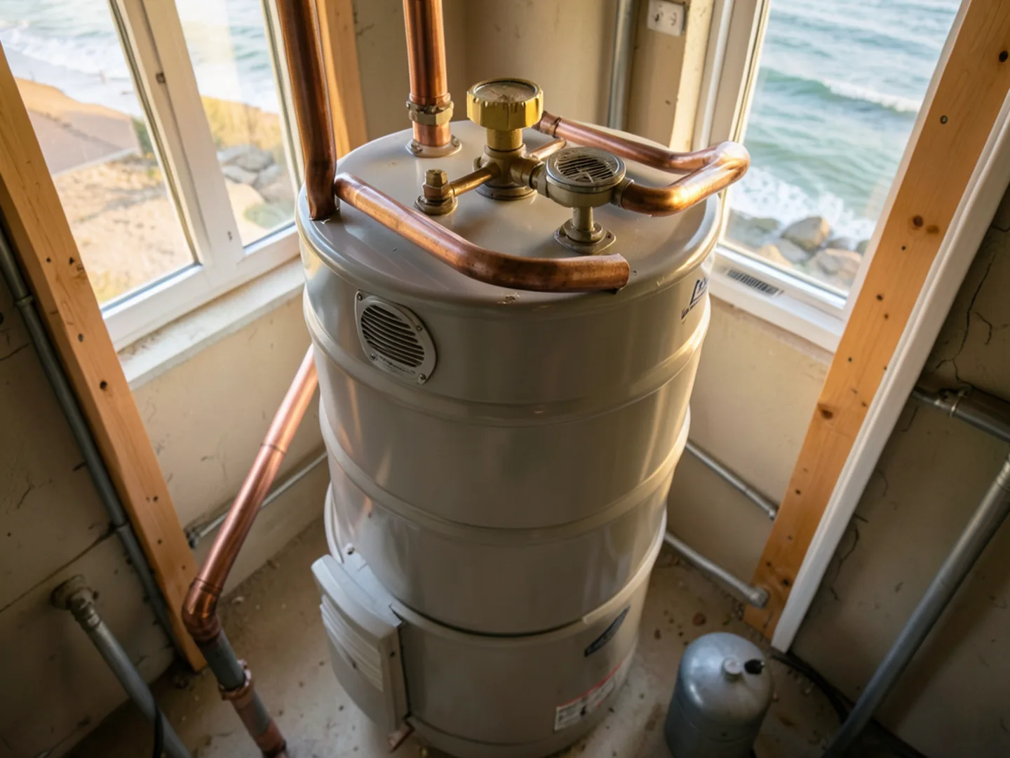 Licensed plumber performing water heater installation using code compliant materials